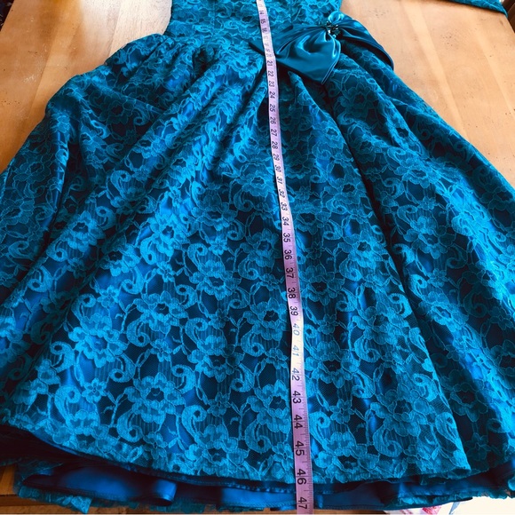 Vintage Blue Green Lace Gown Sequin Details Open Back Sweetheart Big Bow Teal - Picture 11 of 16